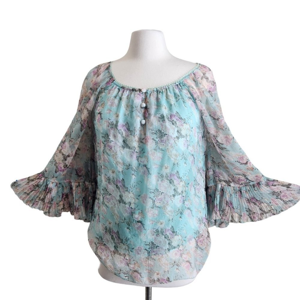 Floral Sheer Bell Sleeve Pleated Blouse Rose Pastel fairy Small Romantic